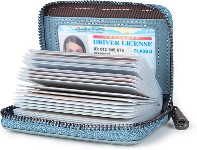 Suweibuke Genuine Leather Credit Card Holder Zipper Wallet RFID Blocking Secure Card Case ID Case Organizer (Light Blue) - Image 1